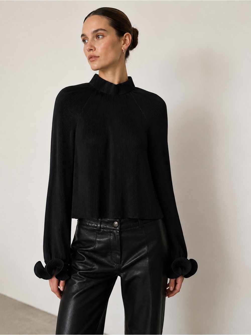 Tibi Pleated Mock Neck Blouse Sculptural Ruffle Cuff Top Minimalist M